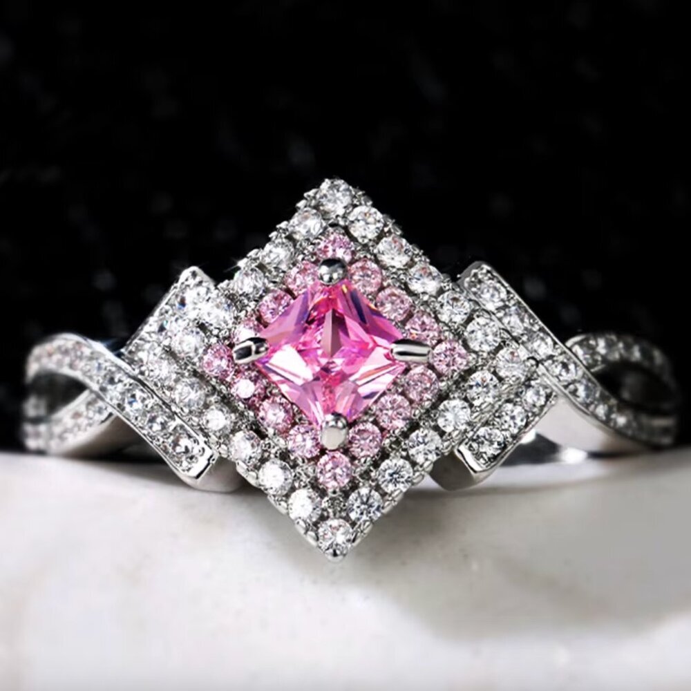 NEW 14k White Gold Sterling Silver Diamond Ring Pink Sapphire Ring - Picture 4 of 8